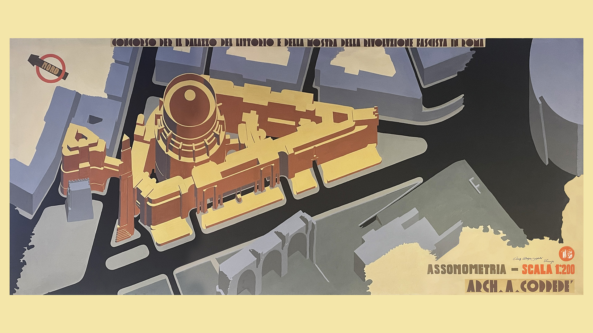 Il grande elaborato progettuale fa parte della documentazione prodotta da Adolfo Coppedé per la partecipazione al concorso per il nuovo Palazzo del Littorio di Roma, da costruirsi su un lotto triangolare tra via Cavour e via dei Fori Imperiali, mai realizzato. Il bando prevedeva una complessa articolazione degli ambienti e dava disposizioni molto specifiche, esigenze che l’architetto cerca di soddisfare pur permettendosi alcune libertà, come l’aggiunta della torre littoria sul lato meridionale. Al centro dell’edificio inserisce il grandioso salone della mostra della Rivoluzione fascista, con una capienza di 9 mila persone in piedi e un sacrario sottostante, mentre negli ambienti circostanti distribuisce i vari uffici, a partire da quello centrale del Duce, e tre grandi saloni per le adunanze. Per la scelta dei materiali prevede il porfido per la torre, il travertino in facciata e “una profusione di marmi di vario tipo e colore” per gli interni. È in questa occasione che Coppedé sembra accostarsi per la prima volta all’architettura moderna, che soltanto l’anno prima aveva aspramente criticato, definendola “stile liscio” e troppo incline all’influenza straniera.